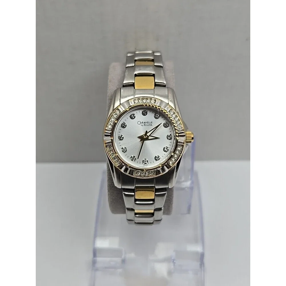 Caravelle by Bulova Gold Silver Two Tone Crystal Petite Dress Watch New Battery